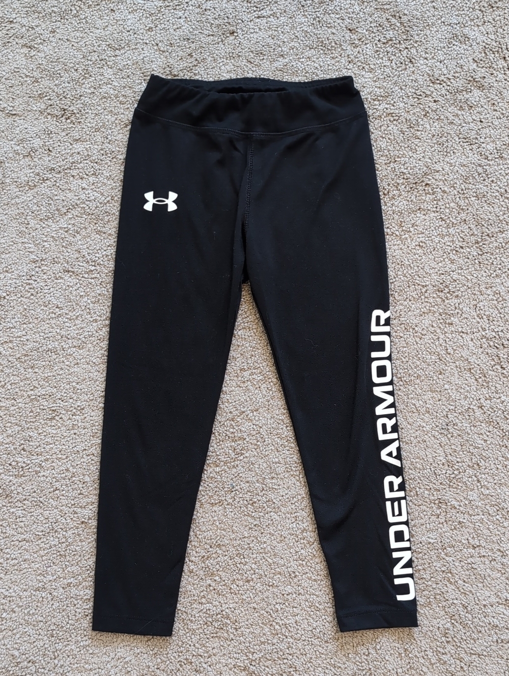 Girl's Under Armour Black Leggings with White Logo Side Script